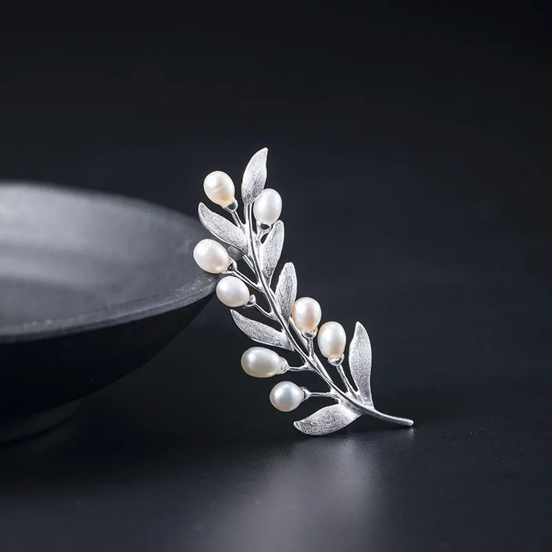 925 Silver Olive Branch Pearl Brooch Women Brooch Accessories