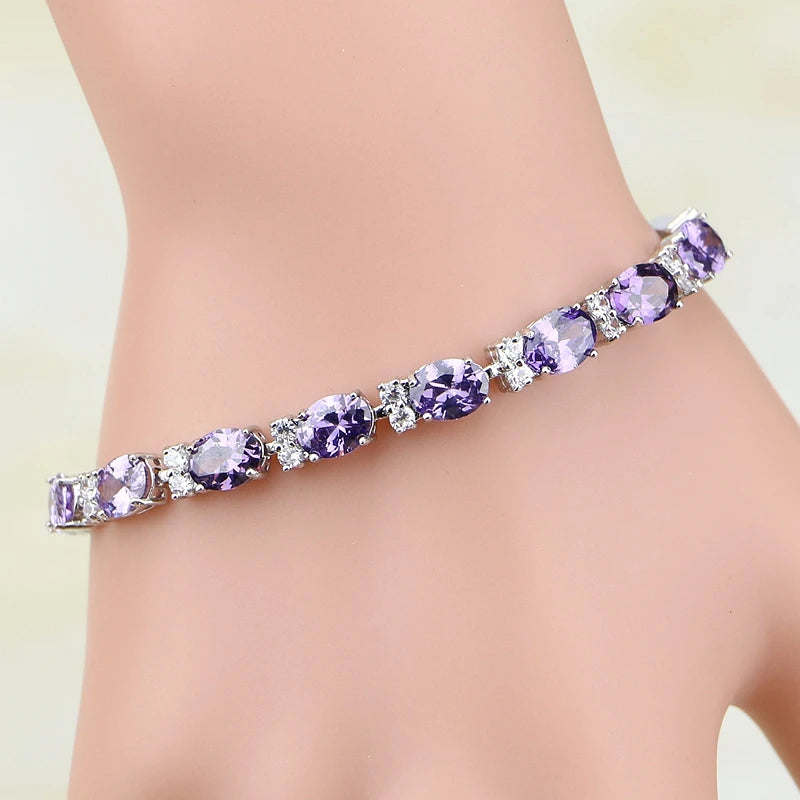 925 Silver Purple Zircon CZ Charm Bracelet Women Gift Box S097