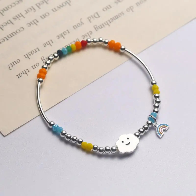 925 Silver Rainbow Cloud Smiley Bracelet Women Sweet Colorful Elastic Rope
