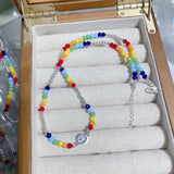 925 Silver Rainbow Smiley Bead Choker Necklace Women Accessories