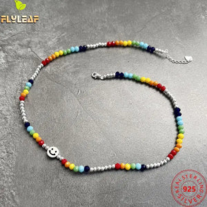 925 Silver Rainbow Smiley Bead Choker Necklace Women Accessories