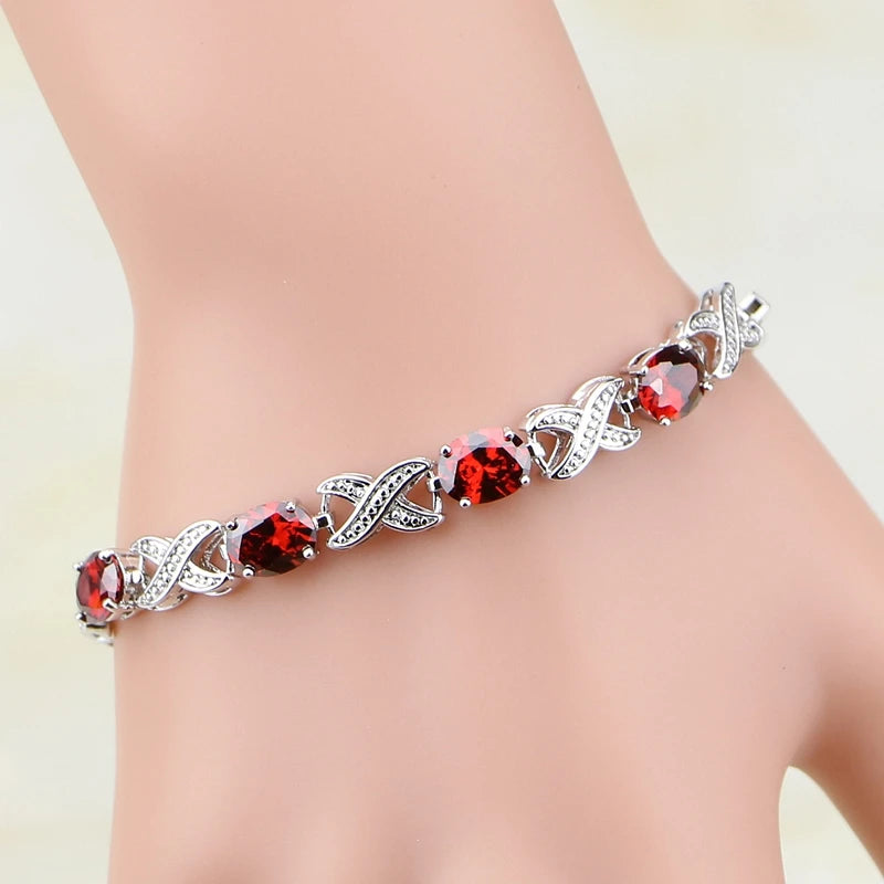 925 Silver Red Zircon CZ Chain Bracelet For Women