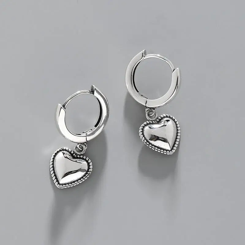 Sterling Silver Retro Heart Hoop Earrings for Women