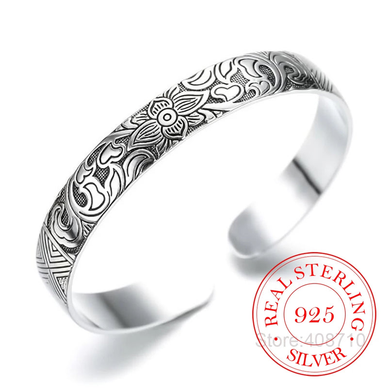 925 Silver Leaf Bracelet Men Women Retro Bangle
