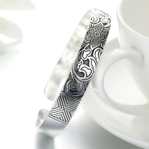 925 Silver Leaf Bracelet Men Women Retro Bangle