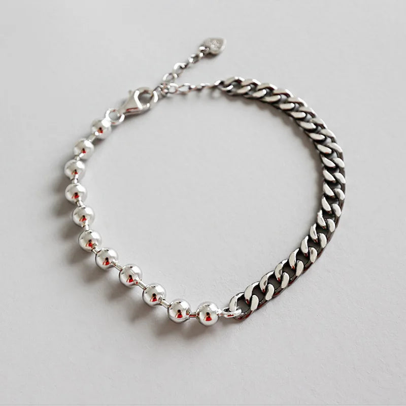 925 Silver Round Beads Bracelet Flat Chain Punk Jewelry