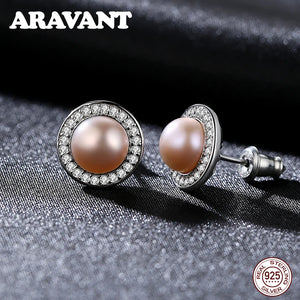 925 Silver CZ Pearl Earrings 8-9mm Studs Women's Jewelry