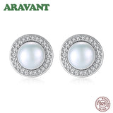 925 Silver CZ Pearl Earrings 8-9mm Studs Women's Jewelry