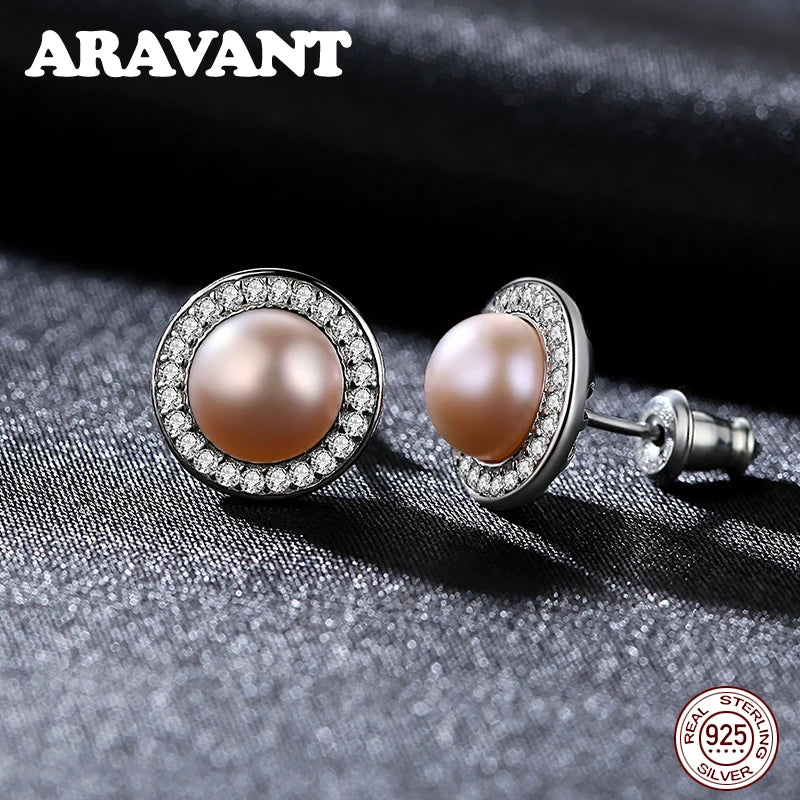 925 Silver CZ Pearl Earrings 8-9mm Studs Women's Jewelry