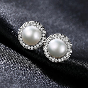925 Silver CZ Pearl Earrings 8-9mm Studs Women's Jewelry