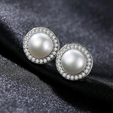 925 Silver CZ Pearl Earrings 8-9mm Studs Women's Jewelry