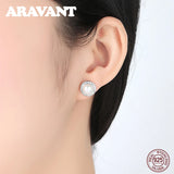 925 Silver CZ Pearl Earrings 8-9mm Studs Women's Jewelry