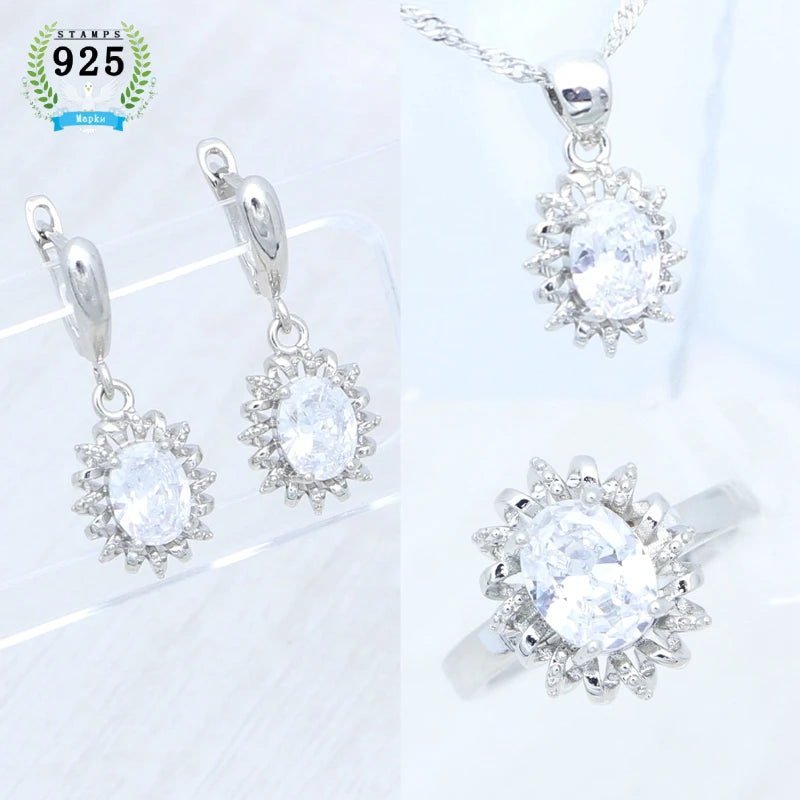 925 Silver Bridal Wedding Jewelry Set CZ Open Ring Pendant Earrings Chain