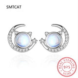 Moonstone CZ Moon Cat Necklace Earrings Set 925 Silver Women Gift