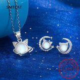 Moonstone CZ Moon Cat Necklace Earrings Set 925 Silver Women Gift
