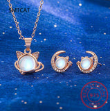 Moonstone CZ Moon Cat Necklace Earrings Set 925 Silver Women Gift
