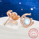 Moonstone CZ Moon Cat Necklace Earrings Set 925 Silver Women Gift