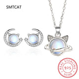 Moonstone CZ Moon Cat Necklace Earrings Set 925 Silver Women Gift