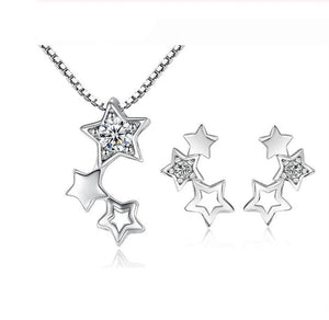 925 Silver Jewelry Set Vintage Crystal Star Earrings Necklace