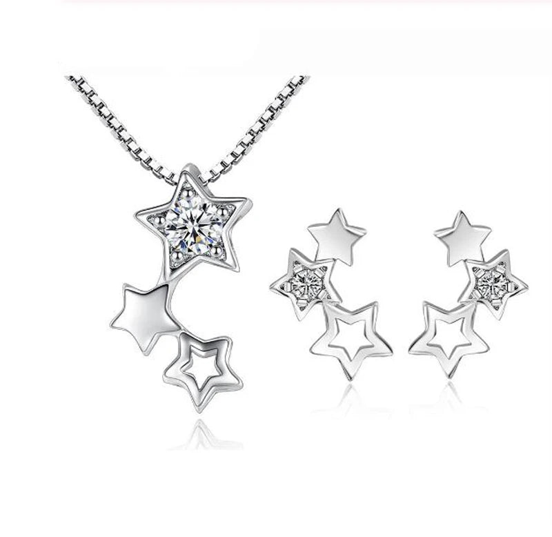 925 Silver Jewelry Set Vintage Crystal Star Earrings Necklace