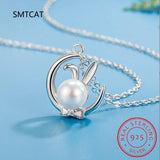 925 Silver Moon Rabbit Pearl Necklace+Earrings Set For Women Girl Gift