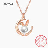 925 Silver Moon Rabbit Pearl Necklace+Earrings Set For Women Girl Gift