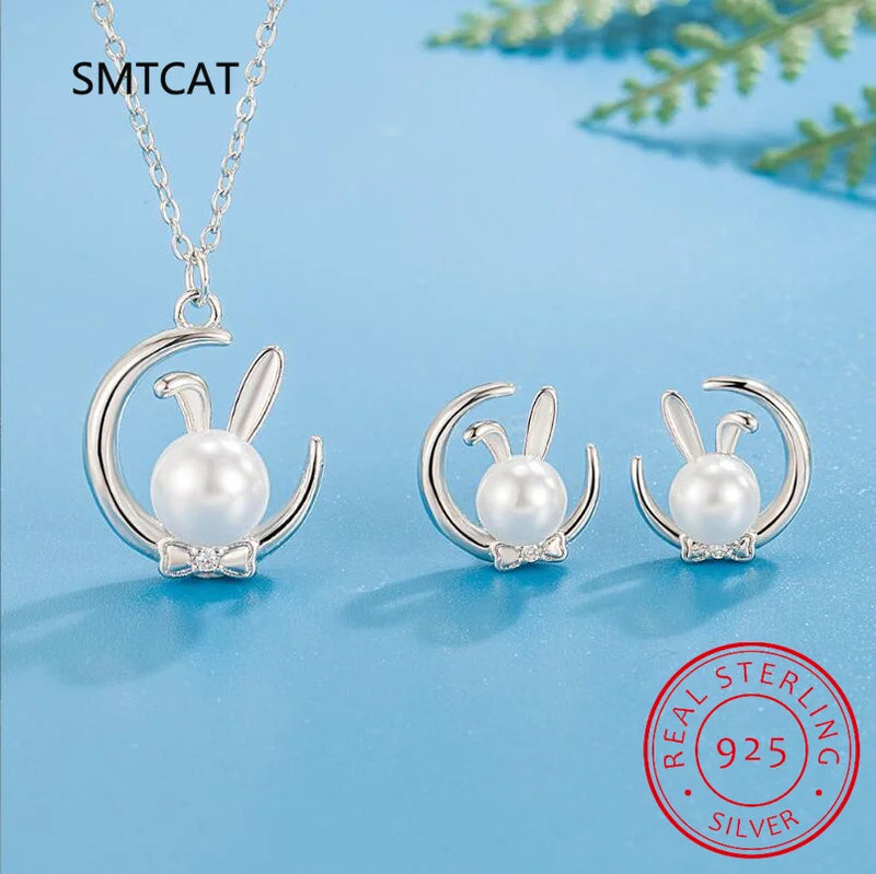 925 Silver Moon Rabbit Pearl Necklace+Earrings Set For Women Girl Gift
