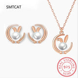 925 Silver Moon Rabbit Pearl Necklace+Earrings Set for Women Girl Gift