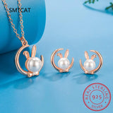 925 Silver Moon Rabbit Pearl Necklace+Earrings Set for Women Girl Gift