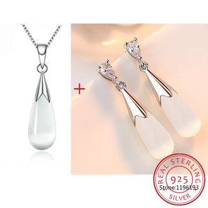 925 Silver Moonstone Opal Water Drop Set Necklace + Earrings