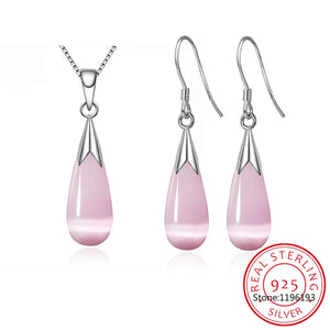 925 Silver Moonstone Opal Water Drop Set Necklace + Earrings