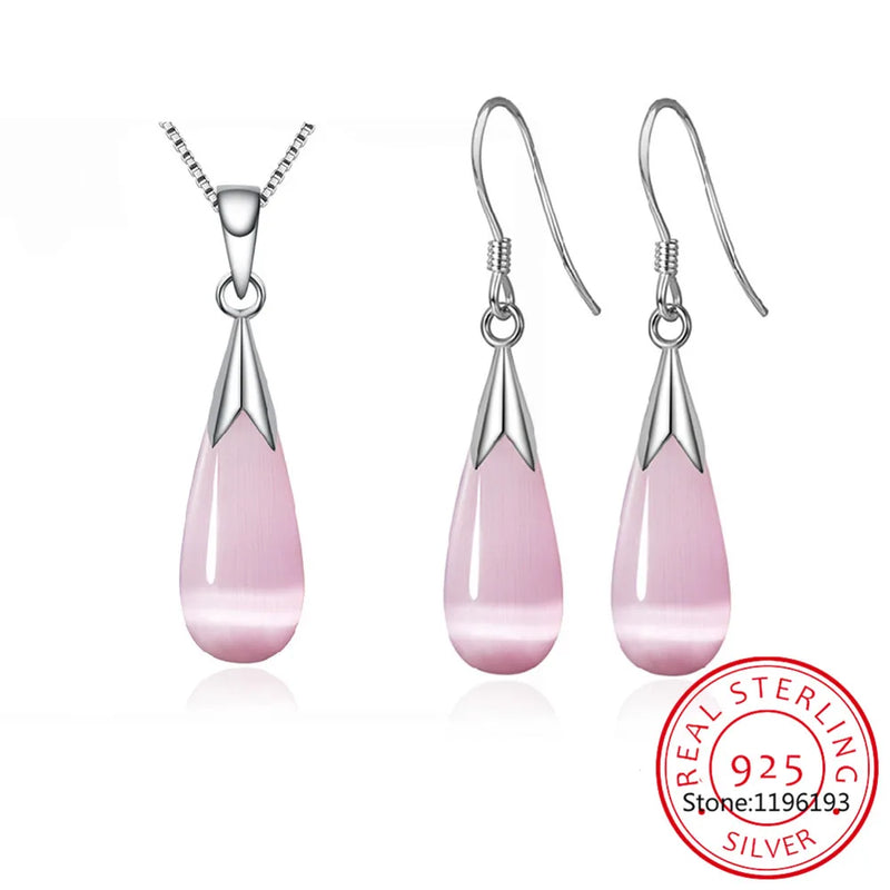 925 Silver Moonstone Opal Water Drop Set Necklace + Earrings