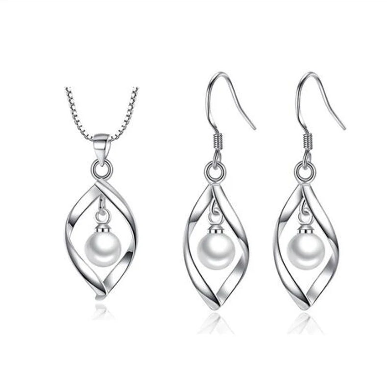 925 Silver Pearl Twist Water Drop Necklace+Earrings Set Party Gift