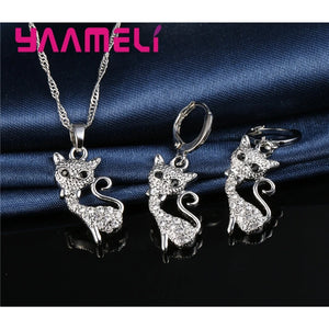 925 Silver Fox Charms Jewelry Set, Crystal Necklace Earrings