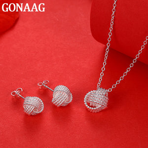 925 Silver Intersect Round Necklace Earrings Set for Women