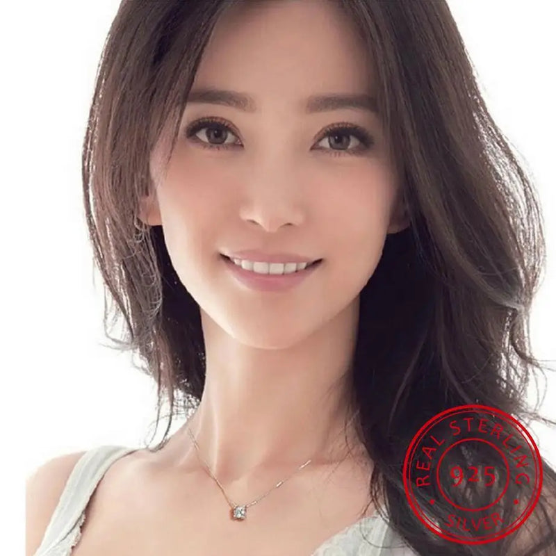 925 Silver Square Zirconia Pendant Necklace Women Gift Chain choker