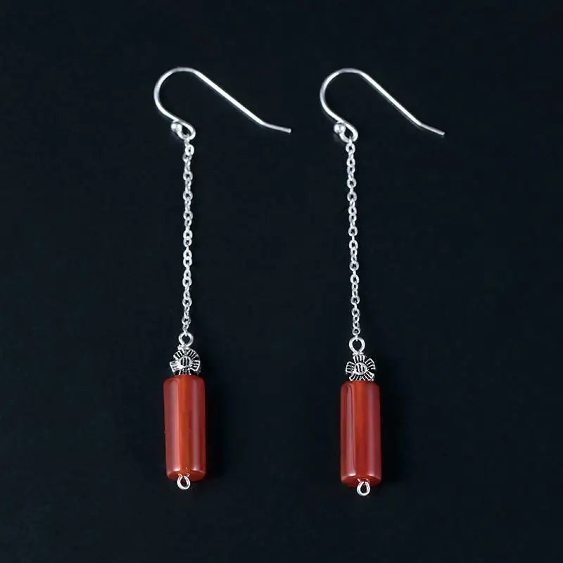 925 Silver Sun Flower Red Agate Drop Earrings for Women
