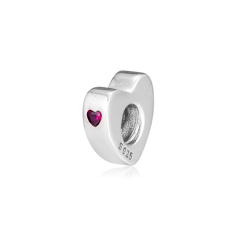 925 Sterling Silver Two Heart Red CZ Love Charm Pendant