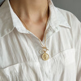 925 Silver Yellow OT Clasp Necklace Irregular Round Coin Portrait Pendant Charm