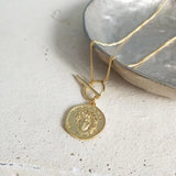 925 Silver Yellow OT Clasp Necklace Irregular Round Coin Portrait Pendant Charm