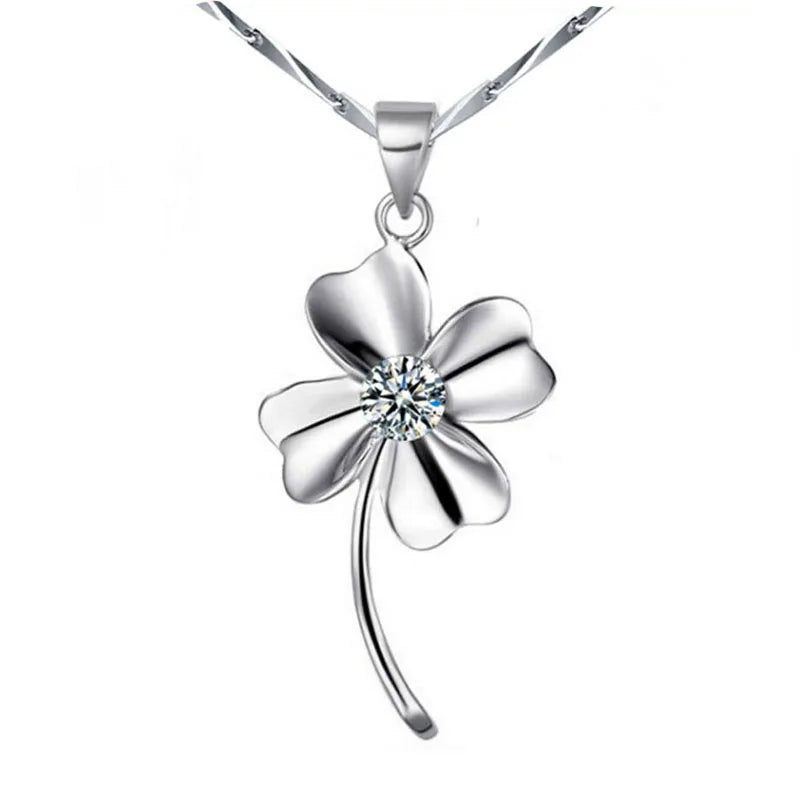 925 Silver Zirconia Clover Pendant Necklace Women Gift S-N130