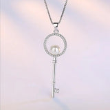 925 Silver Key Pendant Necklace with Zirconia Pearl for Gift