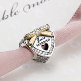 925 Silver Just Married Heart Charm Golden Bow CZ Bead