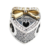 925 Silver Just Married Heart Charm Golden Bow CZ Bead