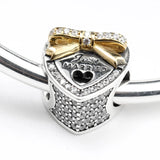 925 Silver Just Married Heart Charm Golden Bow CZ Bead