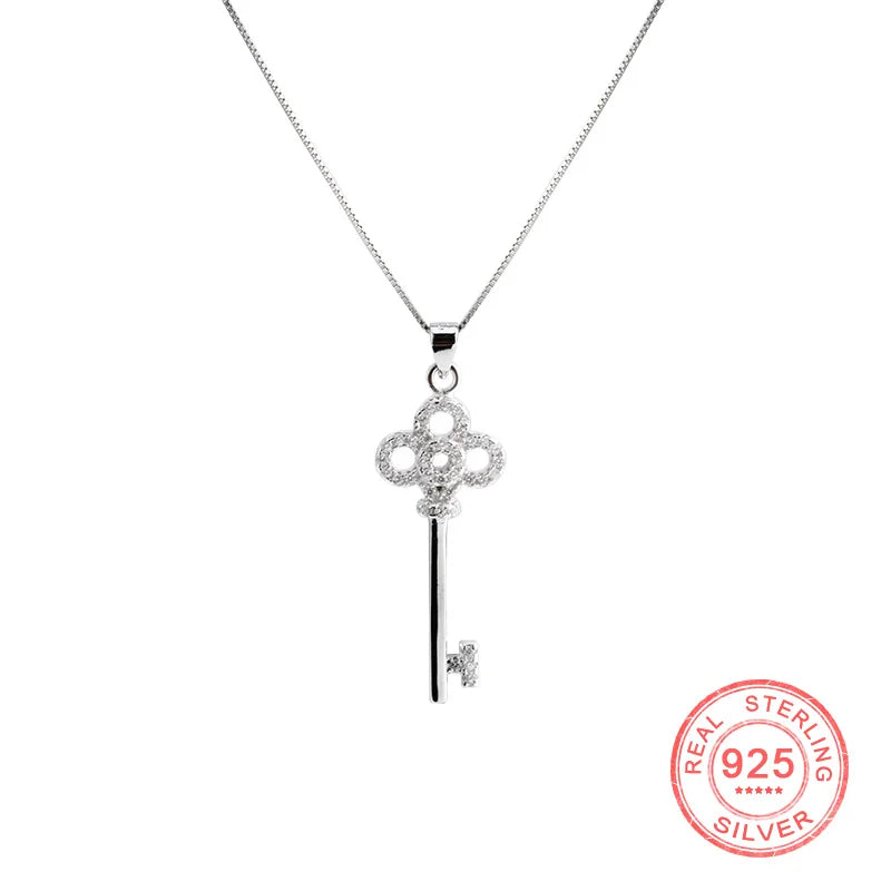 925 Silver Key Pendant Necklace CZ Wedding Jewelry Love Gift