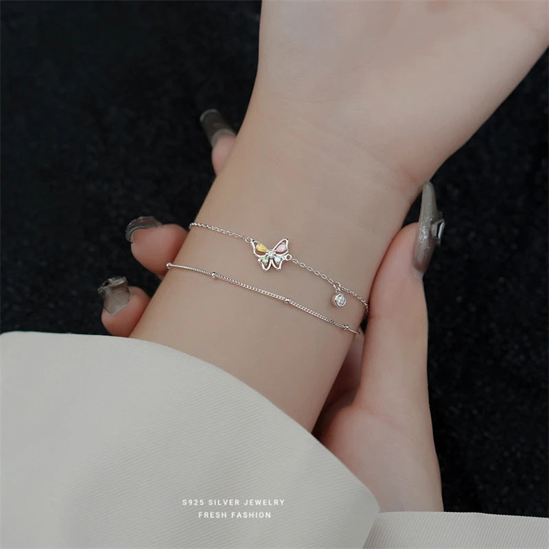 925 Sterling Silver Colorful Zircon Butterfly Bracelet for Women
