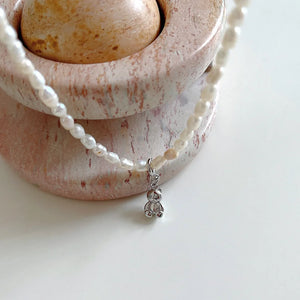925 Silver Bear Pendant Pearl Chain Necklace Women Jewelry Gift