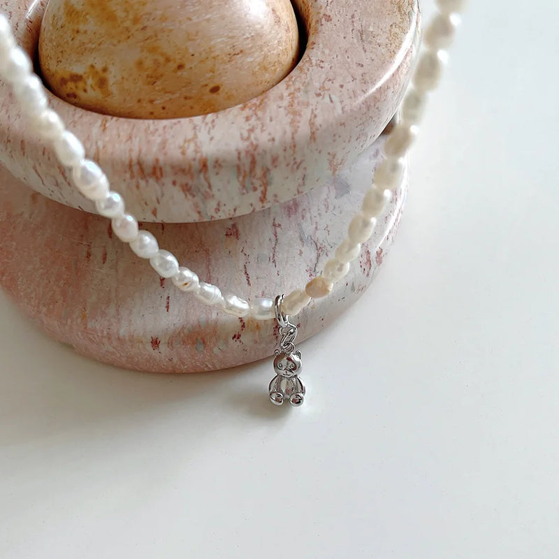 925 Silver Bear Pendant Pearl Chain Necklace Women Jewelry Gift