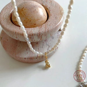 925 Silver Bear Pendant Pearl Chain Necklace Women Jewelry Gift